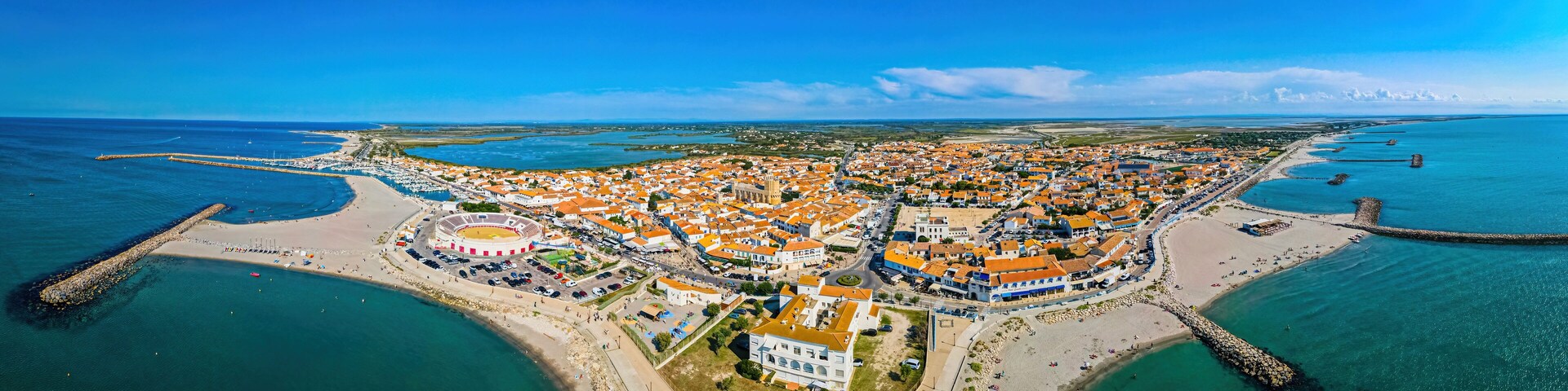The aerial view of Saintes-Maries-de-la-Mer, the capital of the Camargue in the south of France