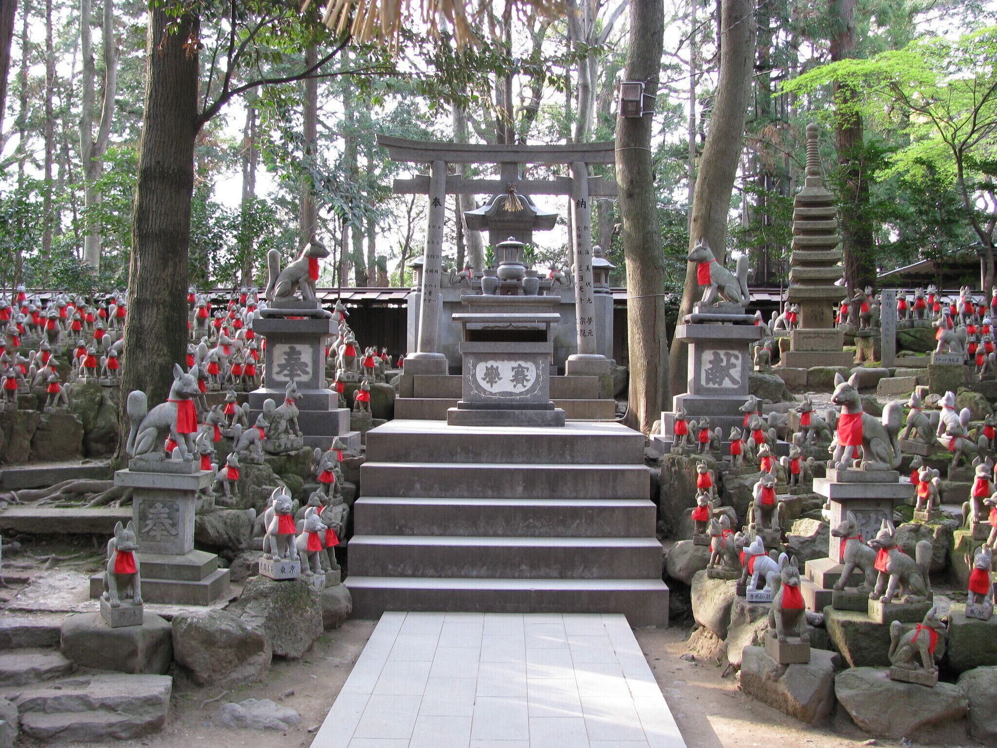 A shrine with stone statues of foxes and a torii gate.