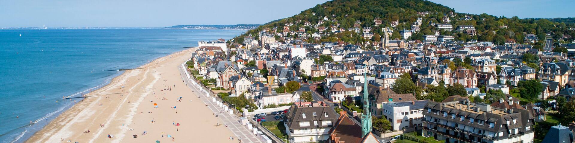 France, Normandy, Aerial view of Houlgate and its beach