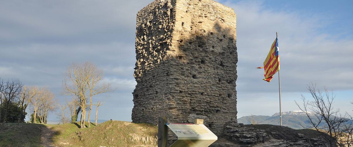 A stone tower with a flag, surrounded by trees and a signboard.
