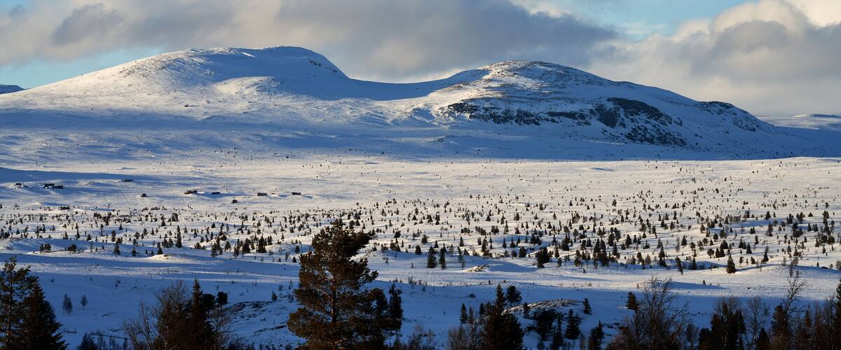 Landscape of the winter mountains in Ål, Hallingdal, Norway. Shot in April in the evening. Summer is coming, but the snow is still covering the mountains.