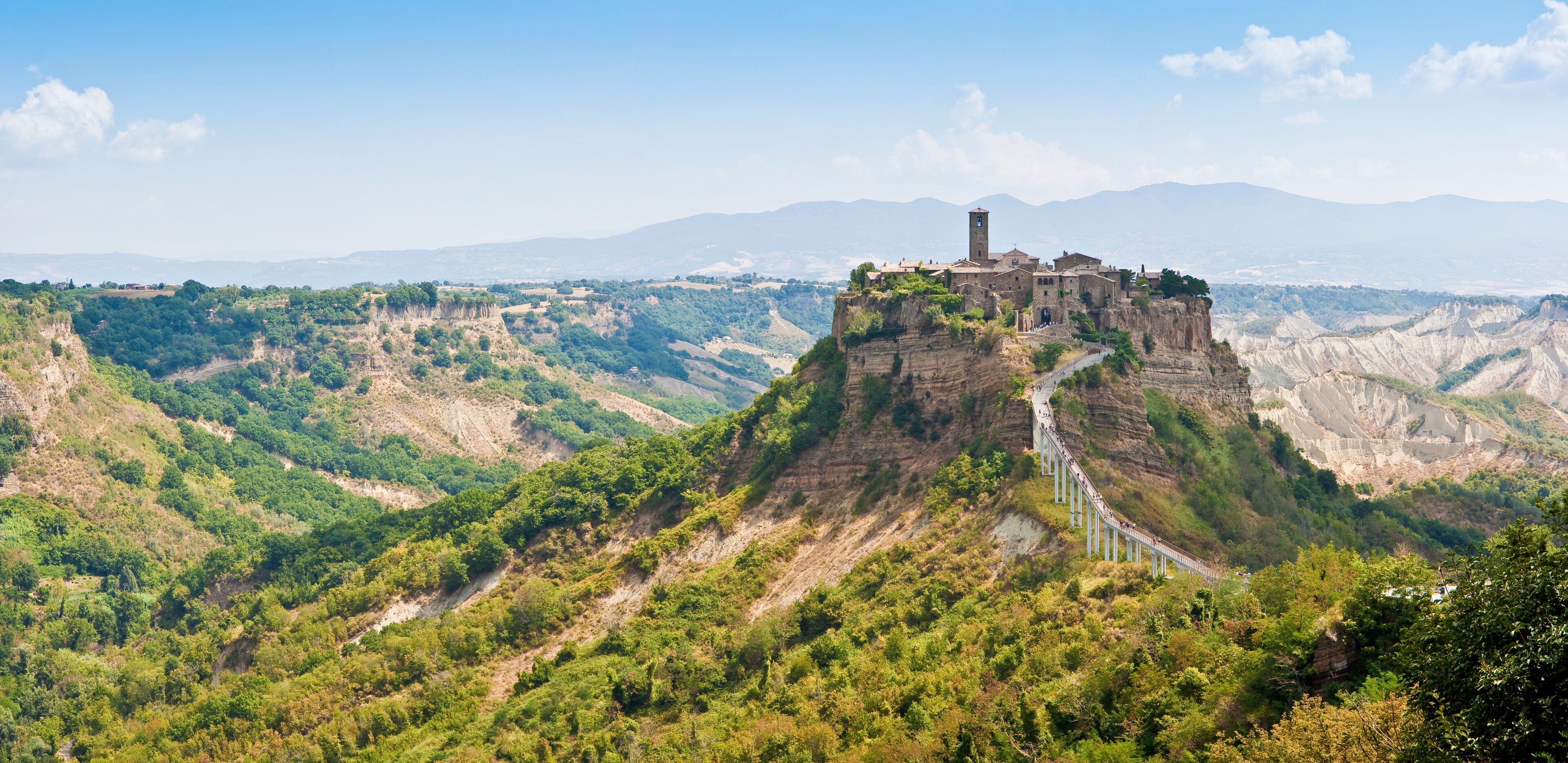 Panoramic view of the famouse medieval citadel of Civita town with the elevated walkway (Italy - Lazio - Viterbo - Bagnoregio)