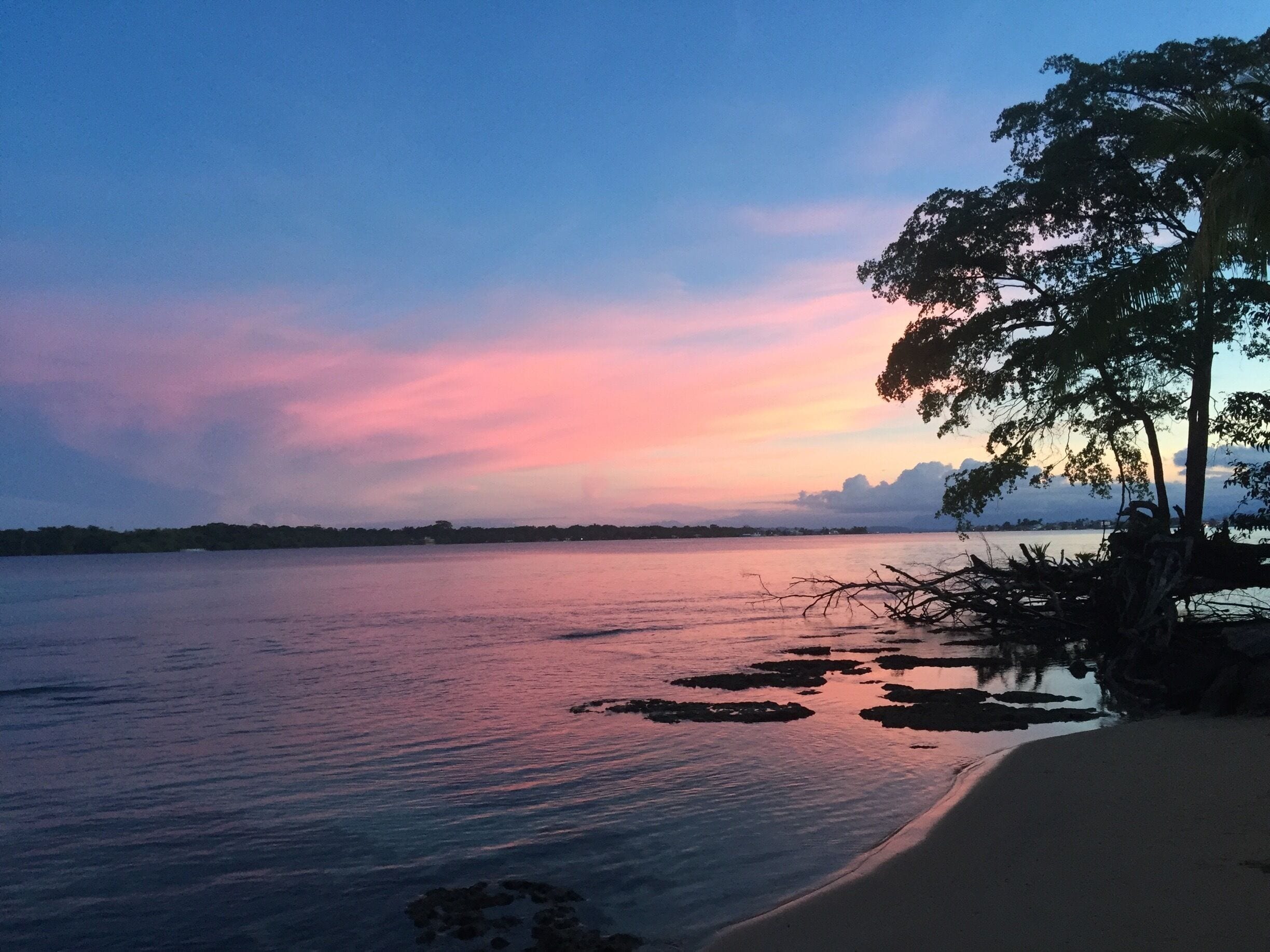 A sunset over a calm lake with a sandy beach and trees.