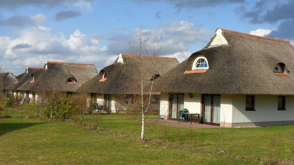 A row of thatched-roof cottages with white walls and red-tiled roofs.