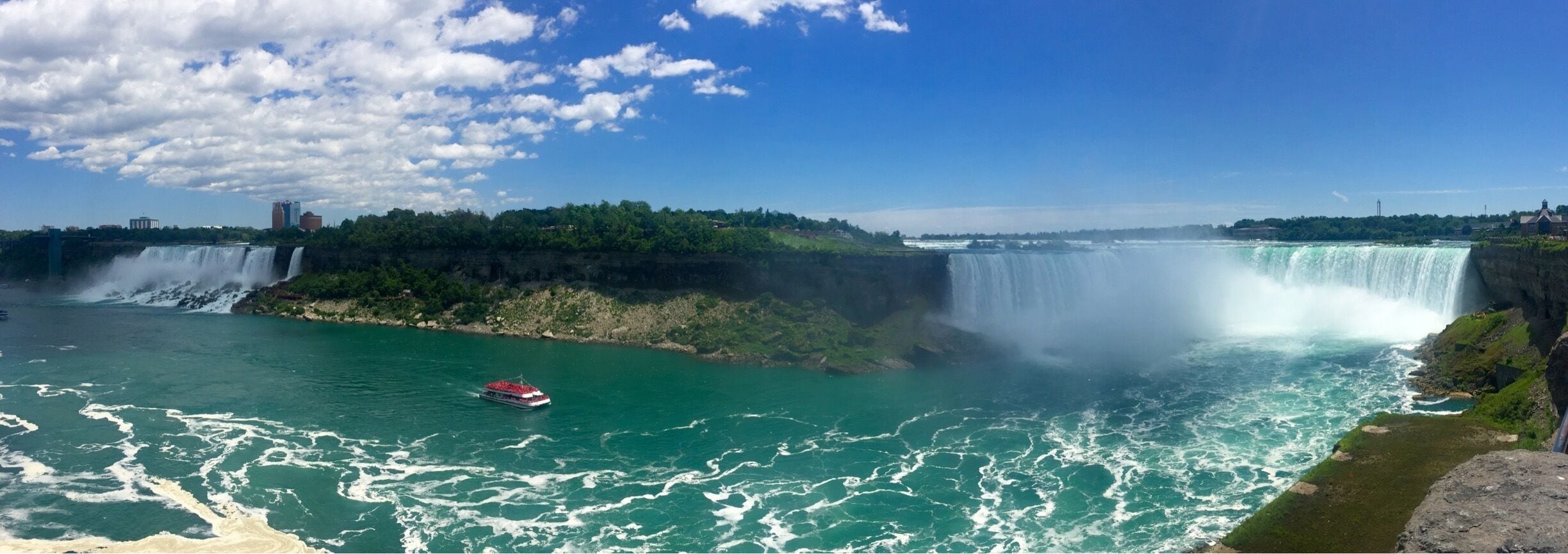 The American Falls are in the left and the Canadian Falls are on the right. 