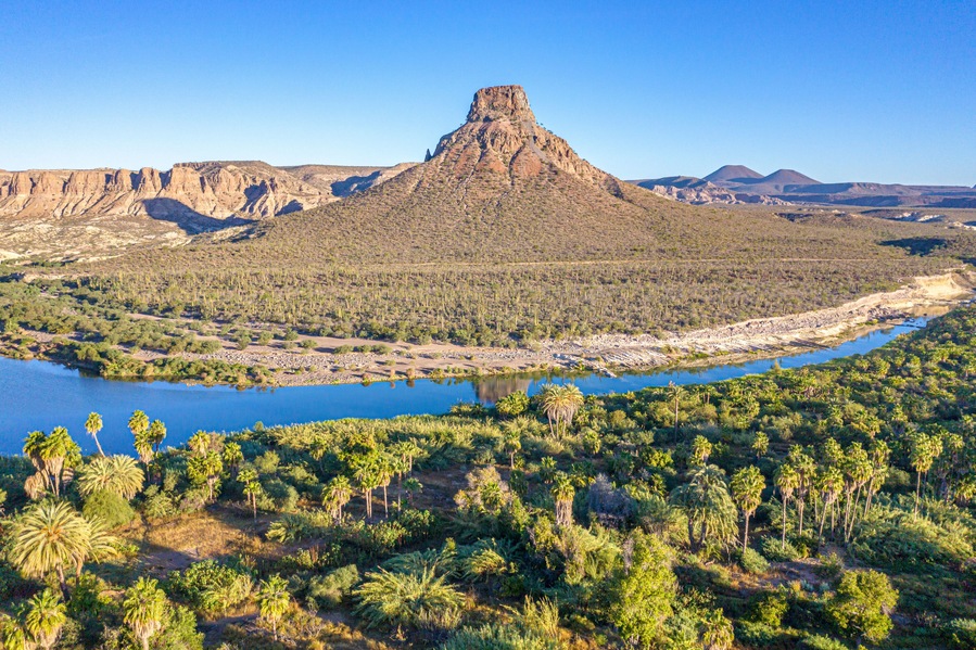Aerial view of pilon hill with river and rugged vegetation in a serene desert landscape, Comondu Municipality, Mexico.