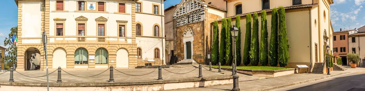 View at the Church of Saint Jacob with Town hall building in the streets of Altopascio - Italy