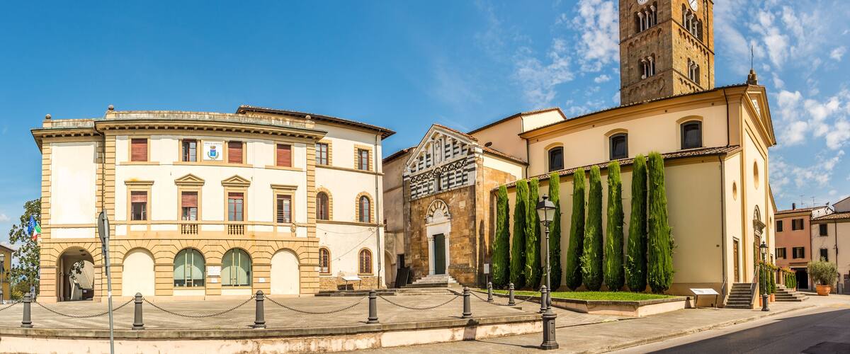 View at the Church of Saint Jacob with Town hall building in the streets of Altopascio - Italy