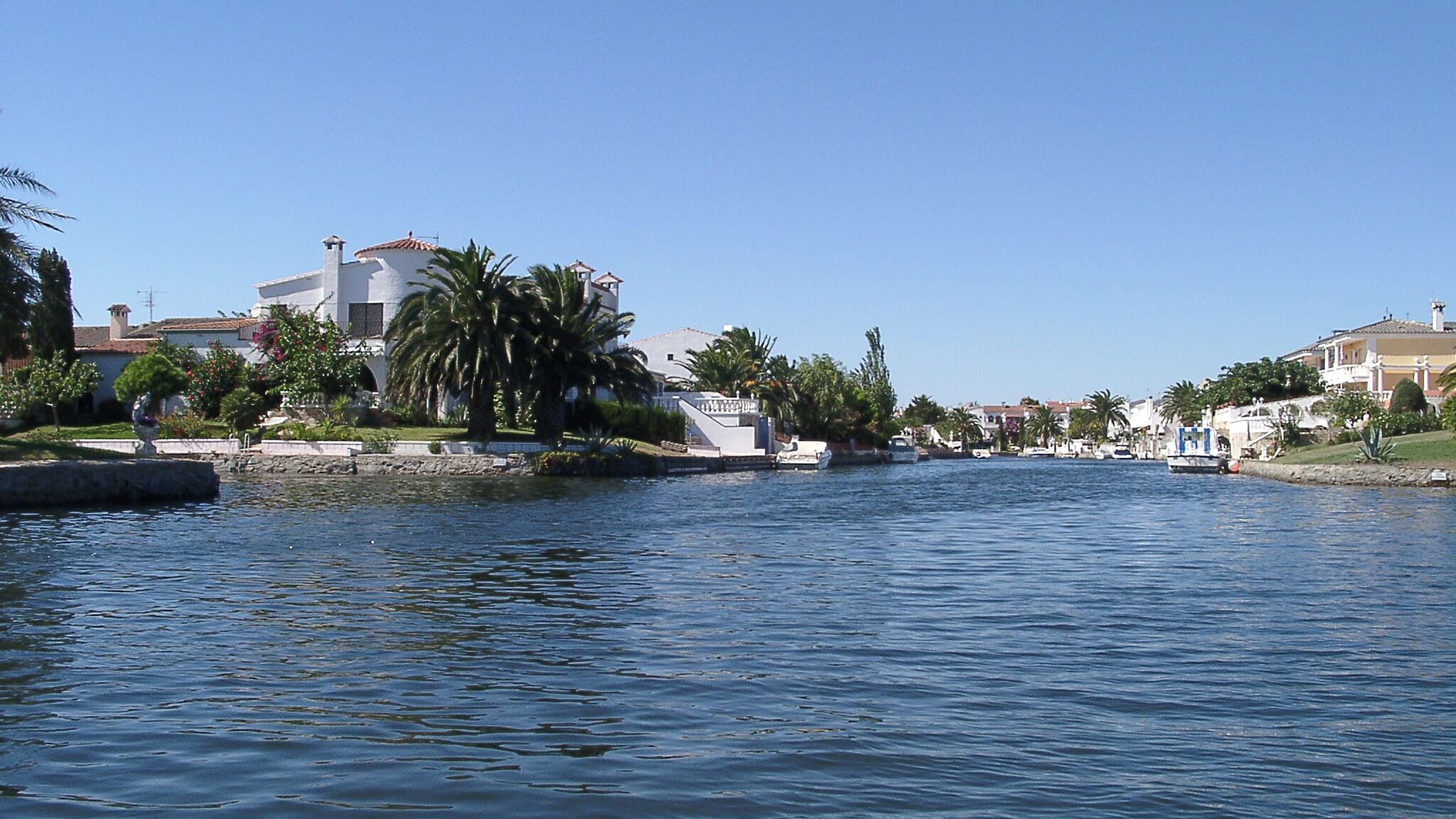 A calm river with houses and palm trees along the banks.