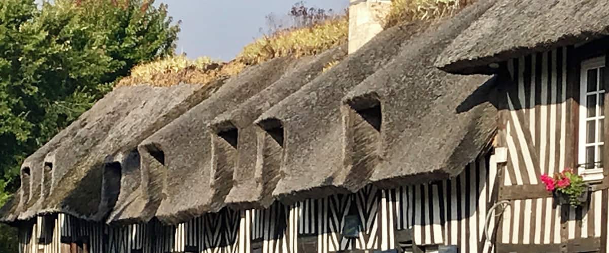 A row of traditional half-timbered houses with thatched roofs and stone walls.