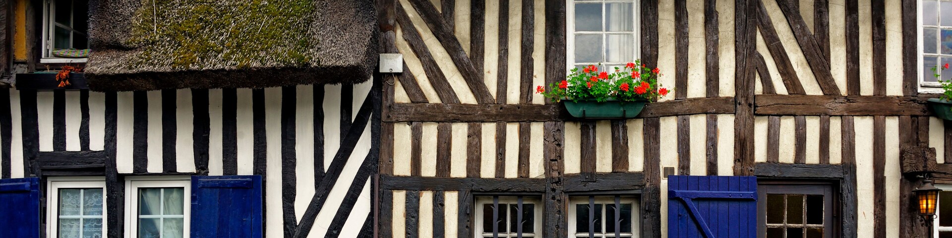 A traditional half-timbered house with a thatched roof, blue shutters, and a flower box on the window.