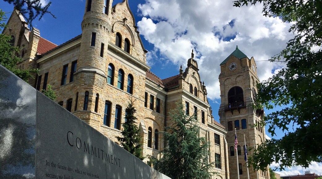 The beautiful Lackawanna County Courthouse in downtown Scranton Pennsylvania with a portion of the Veterans Memorial wall.
