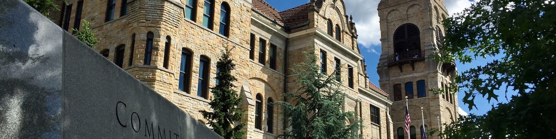 The beautiful Lackawanna County Courthouse in downtown Scranton Pennsylvania with a portion of the Veterans Memorial wall.