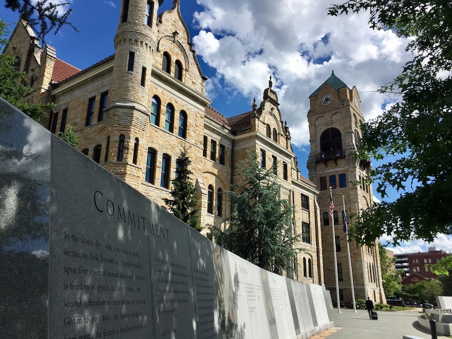 The beautiful Lackawanna County Courthouse in downtown Scranton Pennsylvania with a portion of the Veterans Memorial wall.