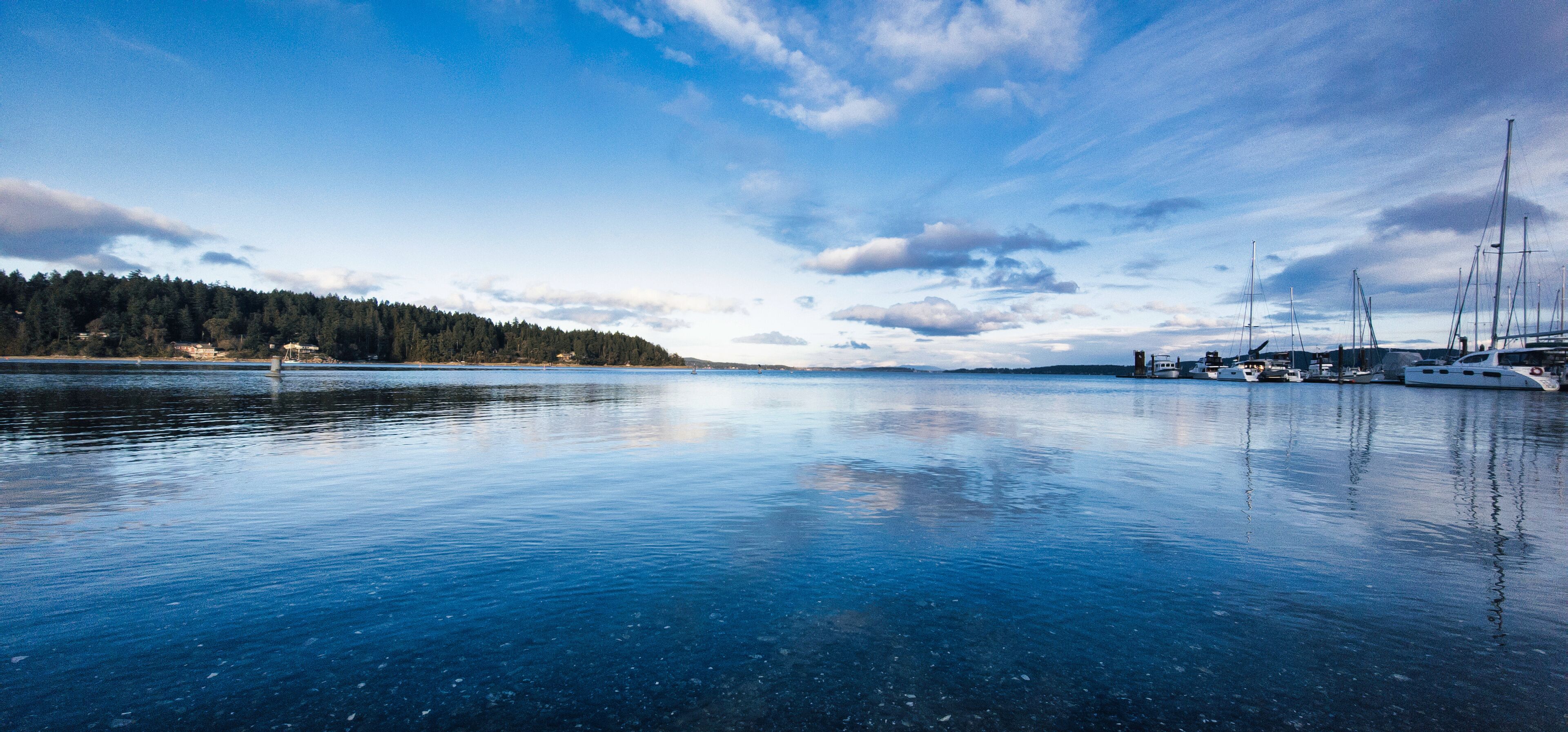 A calm lake with sailboats docked on the right, surrounded by a forested shoreline.