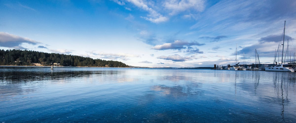 A calm lake with sailboats docked on the right, surrounded by a forested shoreline.