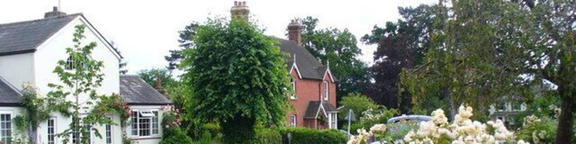 The Street Curving main street, with several large, detached cottages, in the Wealden village of Slinfold.