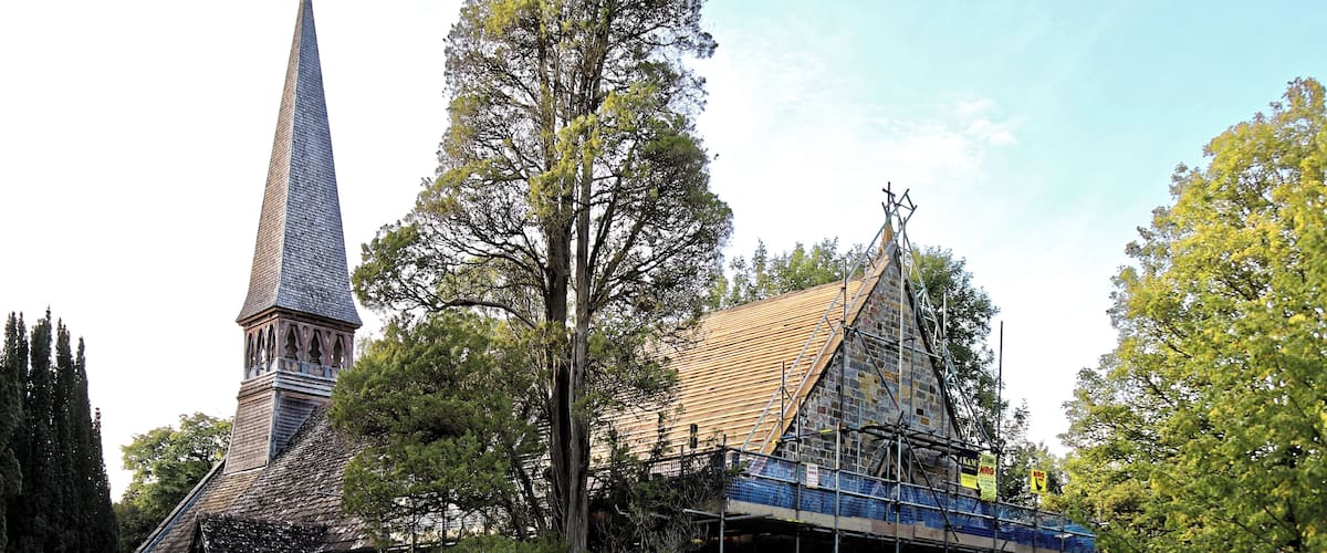 Chancel east end restoration works of the Grade II listed St Andrew's Church on Nuthurst Street (aka Harriots Hill) in the village of Nuthurst, West Sussex, England. Camera: Canon EOS 6D Mark II with Canon EF 24-105mm F4L IS USM lens. Software: File lens-corrected, optimized, perhaps cropped, with DxO OpticsPro 11 Elite, and likely further optimized with Adobe Photoshop CS2.