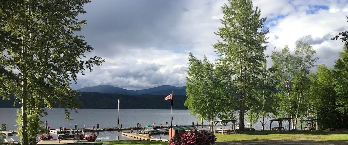 Evening view at the Plato Island Resort right on pristine Quesnel Lake.