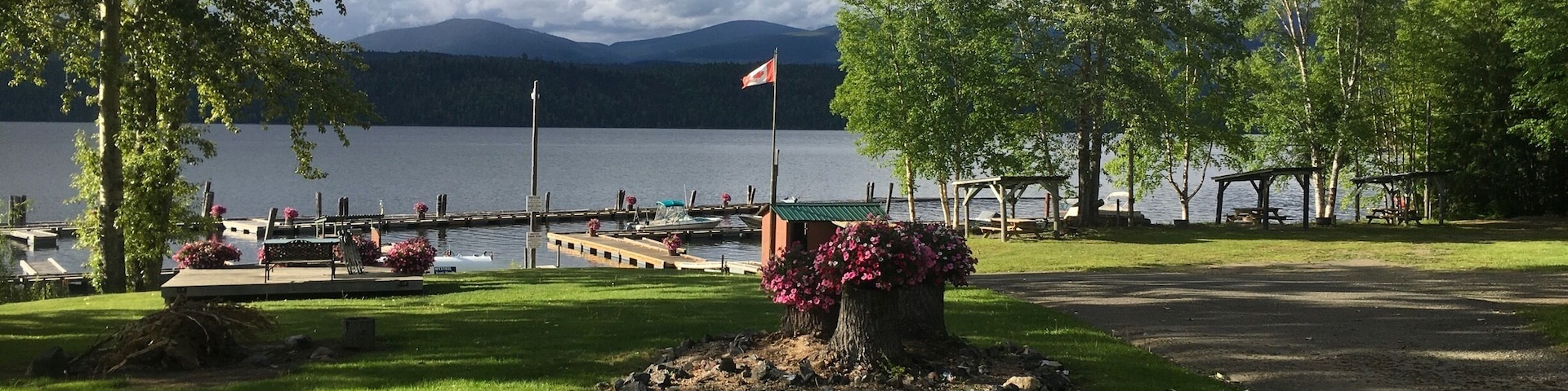Evening view at the Plato Island Resort right on pristine Quesnel Lake.
