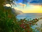 Un paysage côtier avec une végétation verdoyante et des fleurs rouges au premier plan, dominant une mer calme et des montagnes lointaines sous un ciel dégagé.