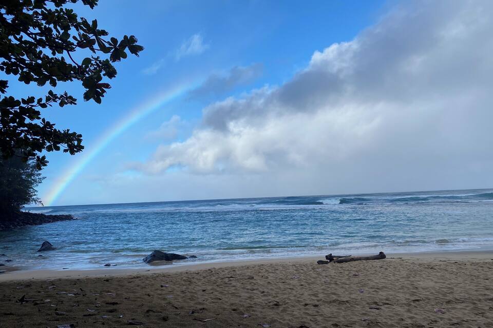 A beach with a rainbow, ocean waves, and scattered debris.