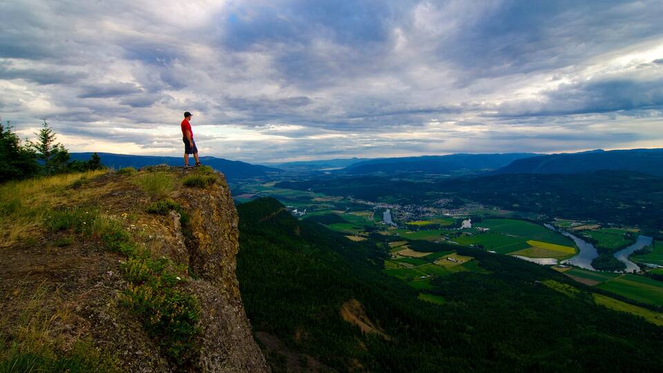 A person standing on a cliff overlooking a valley with a river and fields.