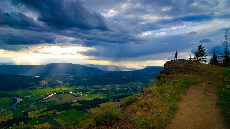 A person standing on a cliff overlooking a valley with fields and a river.