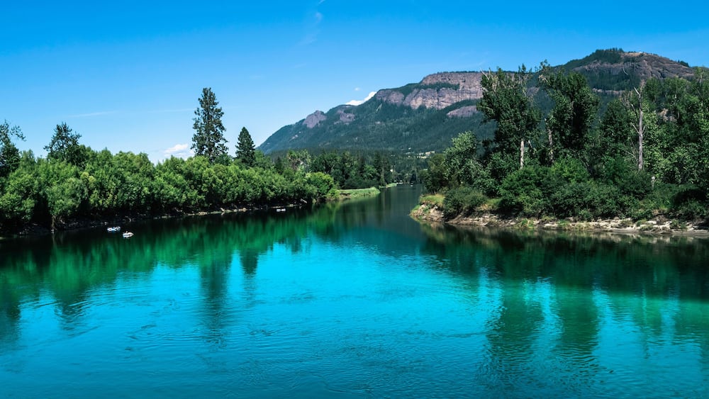 Tranquil landscape of the turquoise-colored river water and green forest at Fortune Creek park in Enderby, British Columbia, Canada