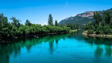 Tranquil landscape of the turquoise-colored river water and green forest at Fortune Creek park in Enderby, British Columbia, Canada