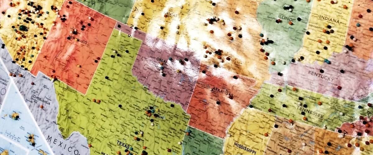 A color-coded map of the United States with state boundaries and various markers.
