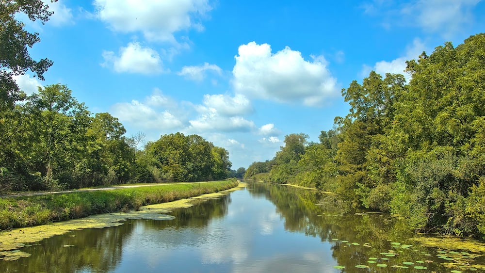 A calm river flanked by dense greenery and a clear blue sky with scattered clouds.