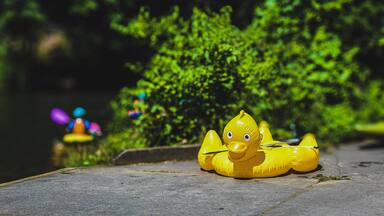 a large inflatable duck sits with a paddle on the riverside. a kayaker is blurred in the distance on the Nantahala River, flowing through the mountains of Appalachia in North Carolina. Whitewater fun.