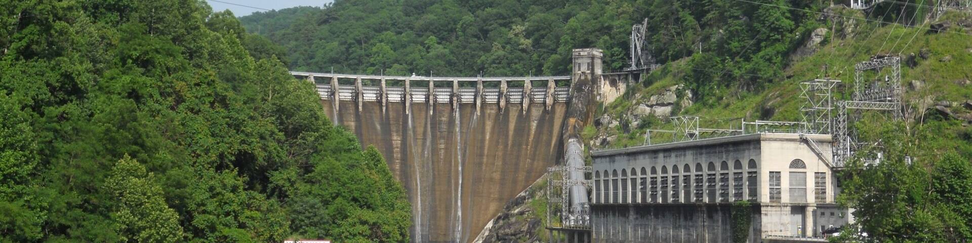 Cheoah Dam on the Little Tennessee River was built in 1919 and is below Fontana Dam. The dam is 225 Ft tall.