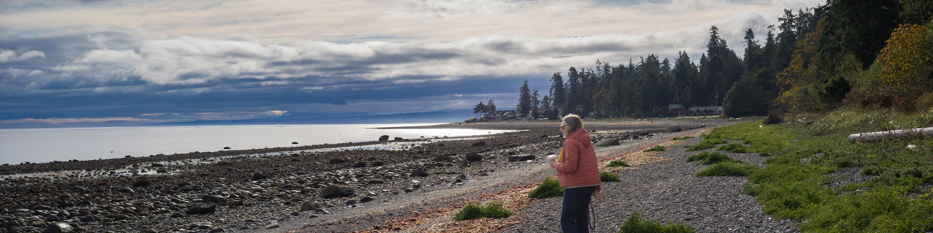 Person walking a dog along a rocky beach under a cloudy sky with distant trees. Bowser, Vancouver Island, Canada
