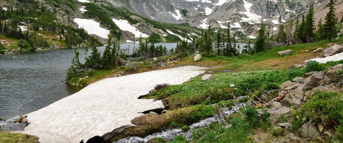 spectacular navajo, arapahoe, and shoshone peaks, and niwot ridge, as seen in summer across isabelle lake in the indian peaks wilderness area, near nederland, colorado