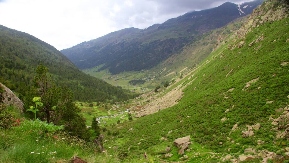 A valley with a river, surrounded by mountains and greenery.