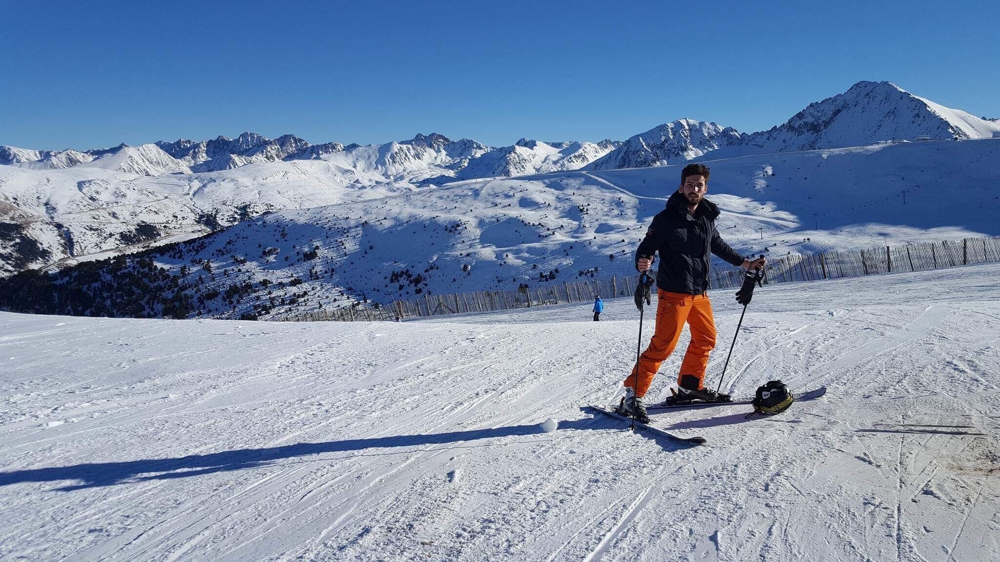 At the top of Soldeu with a beautiful blue sky