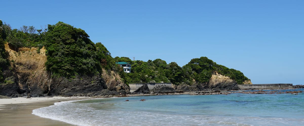 A beach with clear turquoise water, sandy shore, and a rocky cliff with dense greenery.