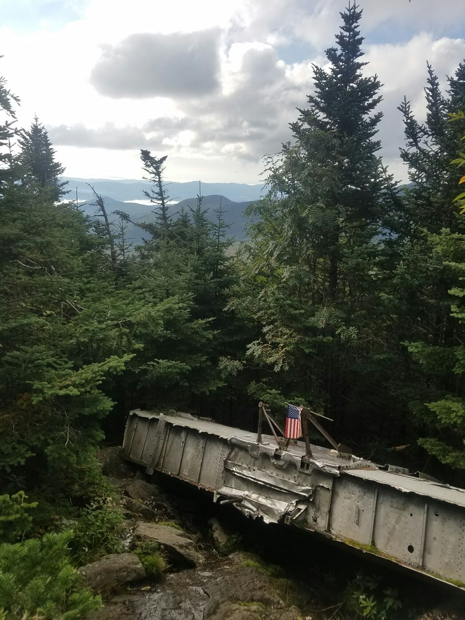 A damaged bridge in a forest with an American flag.