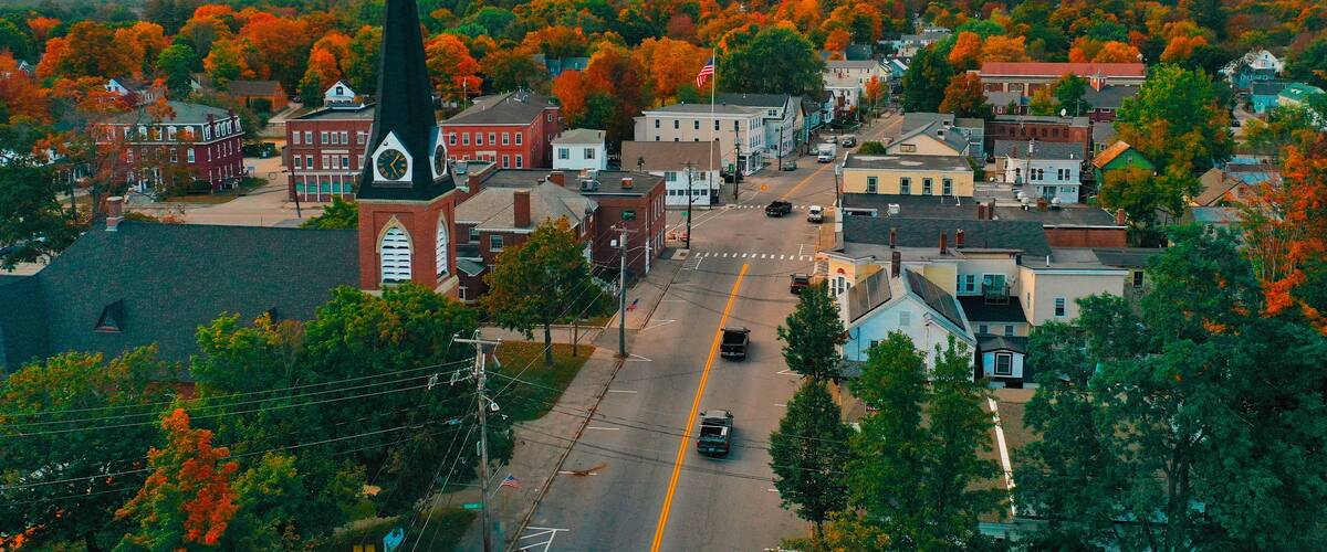 Aerial Drone Photography Of Downtown Farmington, NH (New Hampshire) During The Fall Foliage Season