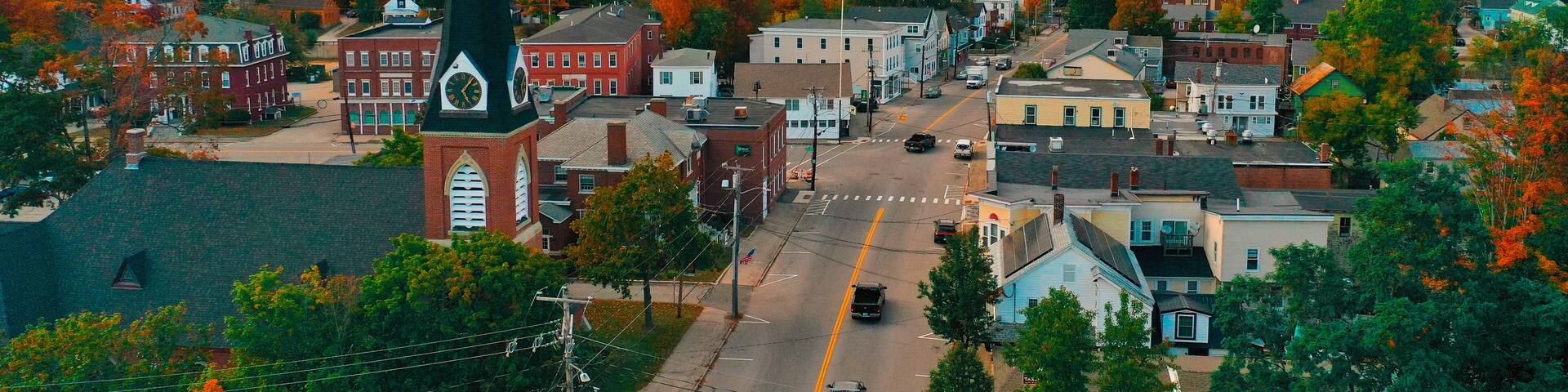 Aerial Drone Photography Of Downtown Farmington, NH (New Hampshire) During The Fall Foliage Season