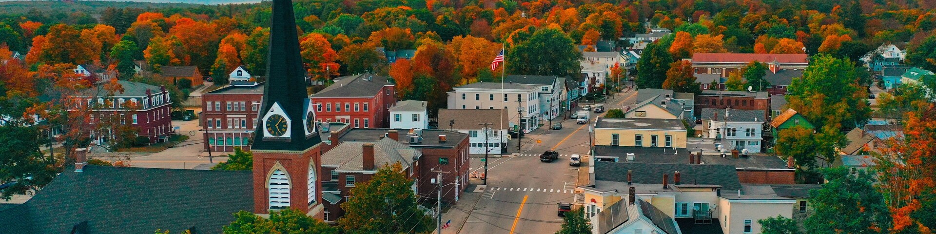 Aerial Drone Photography Of Downtown Farmington, NH (New Hampshire) During The Fall Foliage Season