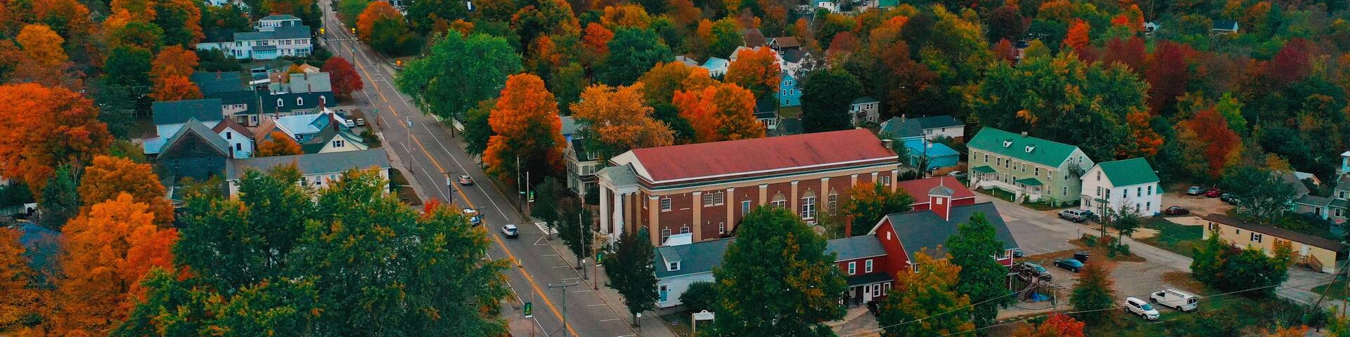 Aerial Drone Photography Of Downtown Farmington, NH (New Hampshire) During The Fall Foliage Season
