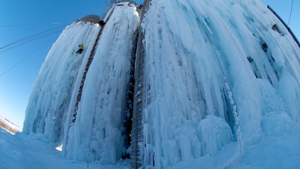 Ice Climbing on farm silos in Iowa