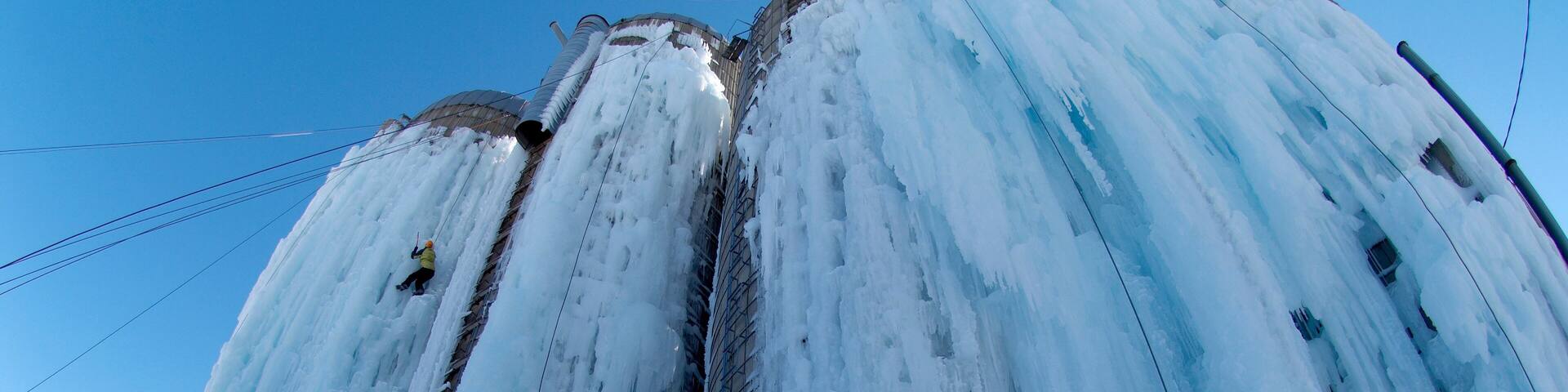 Ice Climbing on farm silos in Iowa