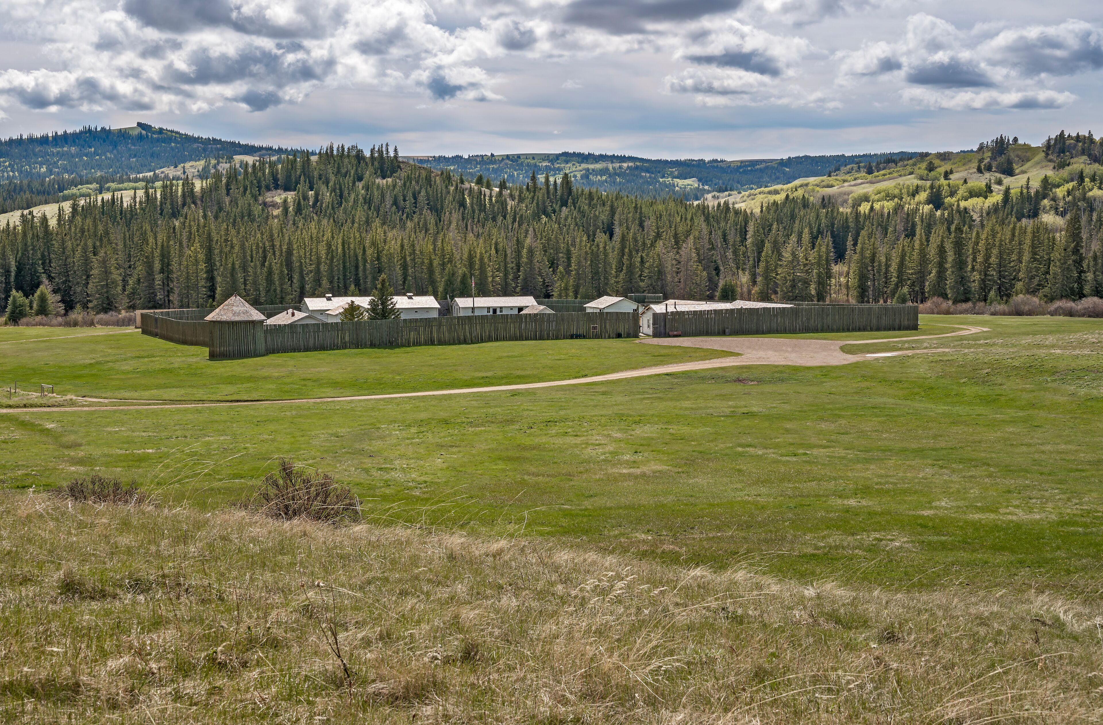 Distant view of Fort Walsh National Historic Site in the Cypress Hills near Maple Creek, Saskatchewan, Canada