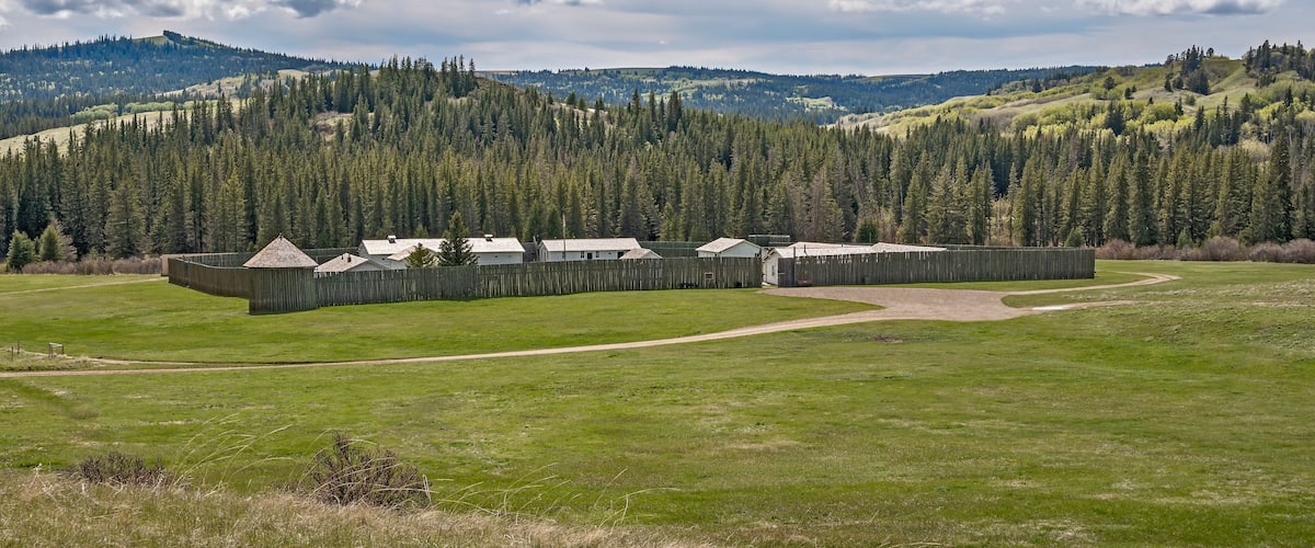 Distant view of Fort Walsh National Historic Site in the Cypress Hills near Maple Creek, Saskatchewan, Canada
