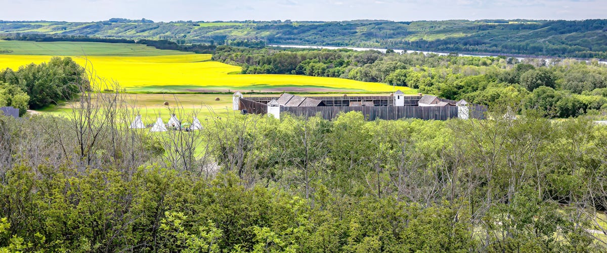 A rural landscape with a yellow field, green trees, and a wooden fence.