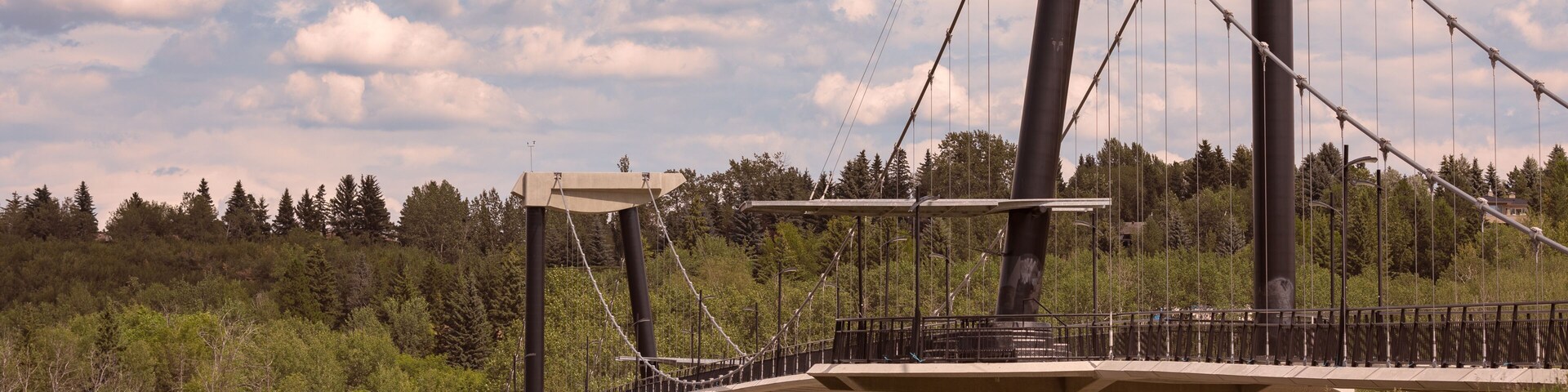 Un puente colgante con torres de hormigón y cables, rodeado de un paisaje boscoso.